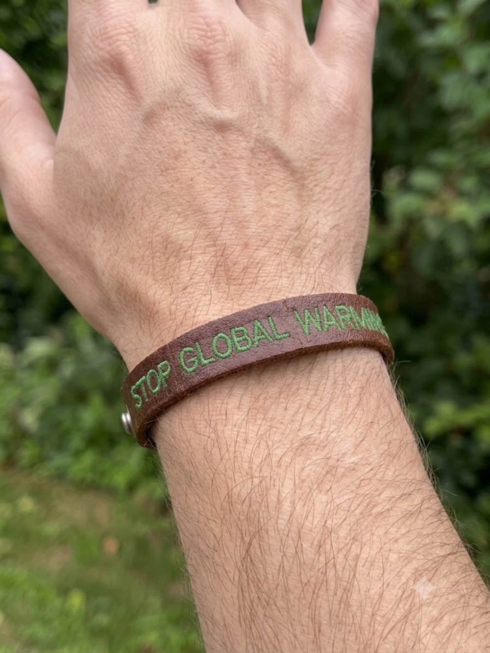 Vintage Leather "Stop Global Warming" Bracelet Roots Canada Earth Day Accessory